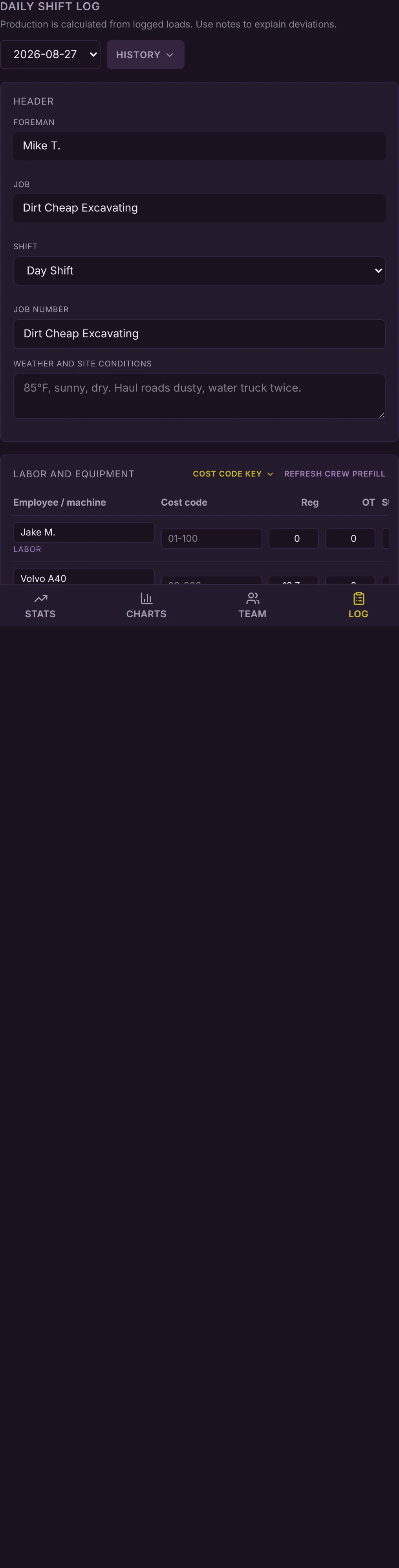 Foreman shift log matching loader fills to haul counts